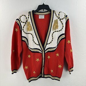 Vintage Marisa Christina‎ Patriotic Cardigan Size M Embroidered Gold Stars Beads